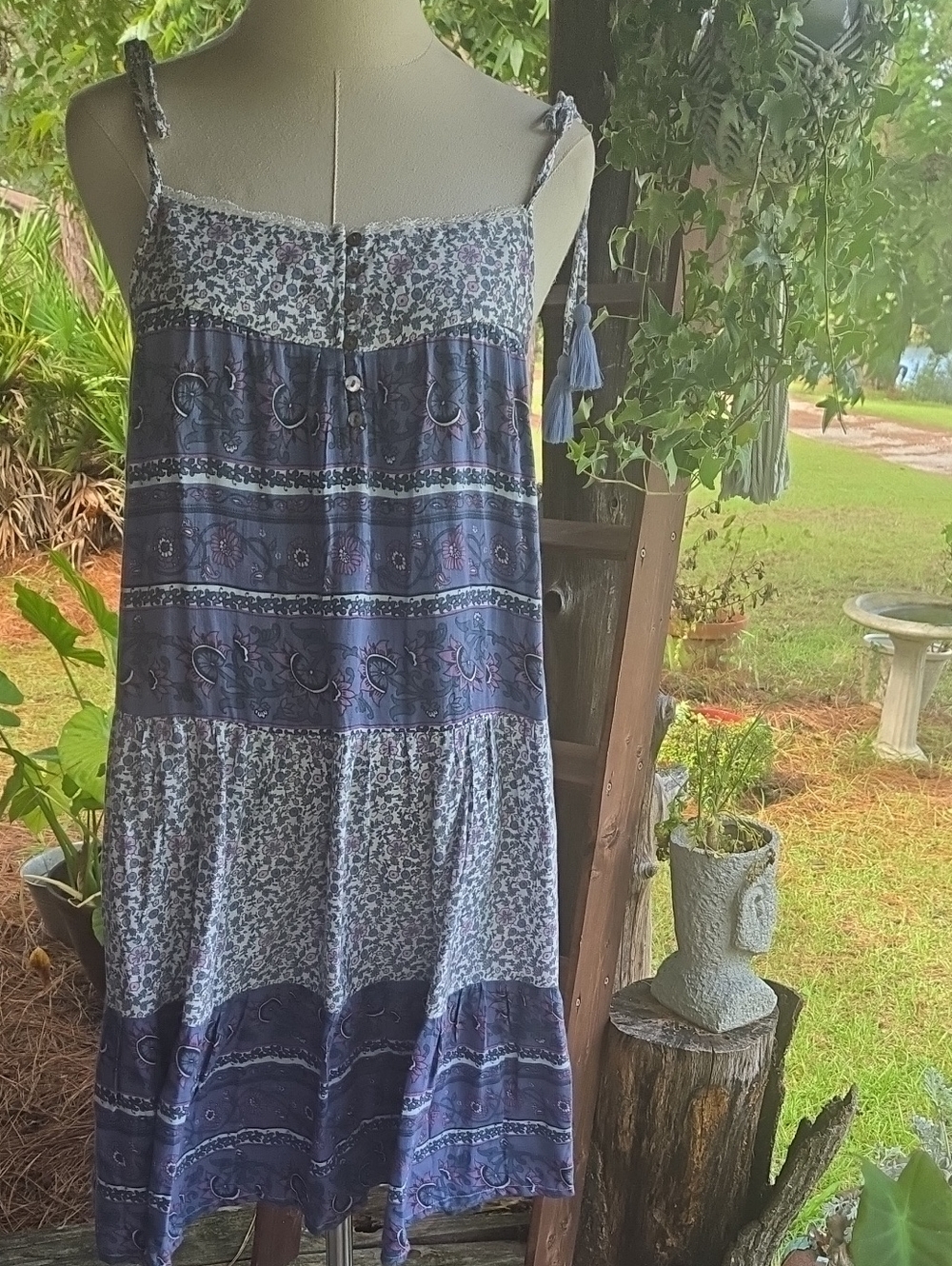 Lucky Brand Slate Blue Floral Print Tiered Sundress Size Medium